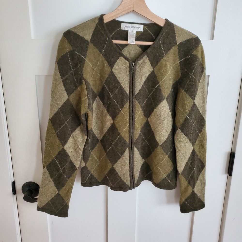 VTG Y2K 90s Lambswool Cardigan Sweater Womens S Argyle Academia Y2K Olive Green